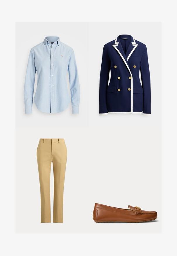 Navy blue double-breasted blazer with white trim on lapels, cuffs, and hem, featuring six gold buttons and front flap pockets.; Light blue long-sleeve button-up shirt with collar and small embroidered logo on the left chest.; Beige straight-leg trousers with belt loops, front crease, and a plain waistband against a plain background.; Brown leather loafer with a gold buckle detail, rubber sole with grip studs on the heel and bottom.