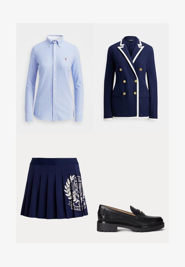 Blazer de doble botonadura azul marino con ribete blanco en solapas, puños y dobladillo, con seis botones dorados y bolsillos delanteros de solapa.; Camisa de botones a rayas azul claro y blanca con cuello, mangas largas y un pequeño logo bordado en la parte izquierda del pecho.; Falda plisada azul marino con cinturilla ancha y logotipo blanco con escudo temático de tenis en el lado inferior derecho.; Mocasín de cuero negro con suela gruesa y con relieve, tacón bajo y tira decorativa en la parte delantera.