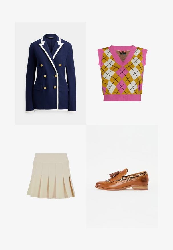 Marineblå dobbeltradet blazer med hvide kantdetaljer på revers, manchetter og kant, med seks guldknapper og forlommer med klap.; Strikket ærmeløs vest med en pink V-hals, argyle mønster i gul, hvid og pink, med kontrasterende sorte linjer og ribbet kant.; Beige plisseret nederdel med en tætsiddende talje, lavet af et glat stof. Har flere lodrette plisser og en lige kant.; Brune læder loafers med dekorative kvaster og brogue-detaljer. Har en leopardprint foring og en lav træhæl.