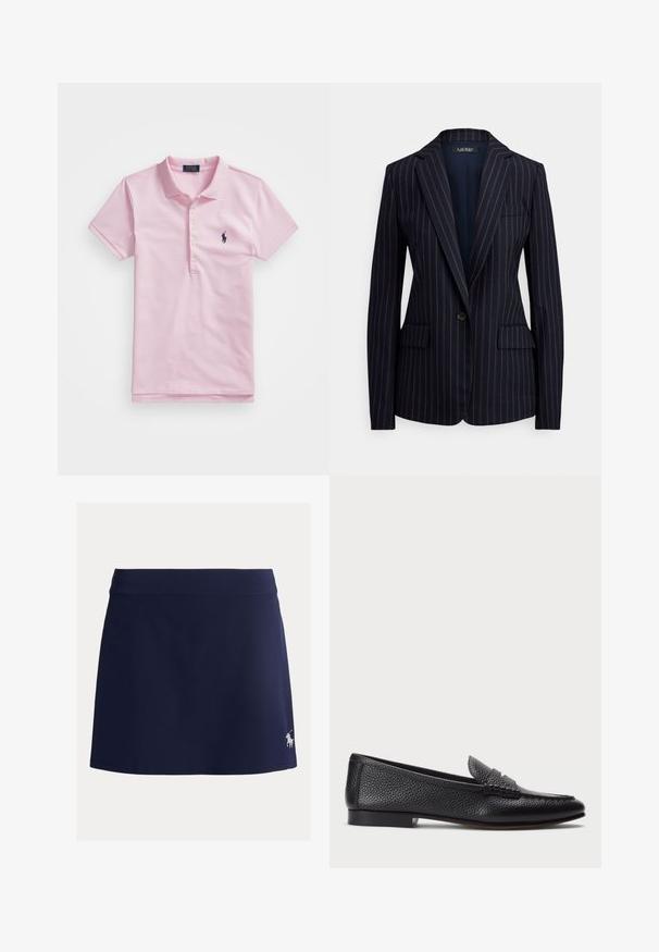 Laivastonsininen yhden napin bleiseri, jossa ohuet valkoiset pinstripes-raitakuviot, lovikaulukset, kaksi etutaskua läppäkannella ja rintatasku.; Vaaleanpunainen puuvillapaita, jossa on klassinen kaulus, kolme nappia, lyhyet hihat ja pieni tummansininen logo rinnassa.; Laivastonsininen etuhame joustavasta kankaasta, jossa on leveä vyötärönauha ja pieni valkoinen hevosen logo alareunan vasemmalla puolella.; Musta nahkainen loafer, jossa on teksturoitu pinta, koristeellinen remmi ja tasapohja. Tyylikäs, minimalistinen muotoilu ja pyöristetty varvas.