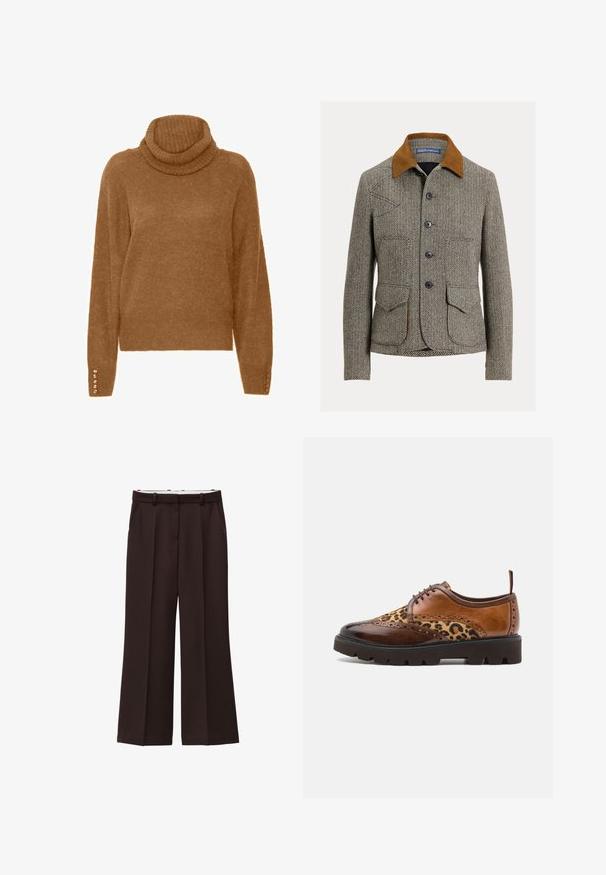 Brun fiskebenjakke med et fløjlsagtigt krave, der har lukning med knapper, to forlommer og et klassisk snit.; Brun turtleneck trøje med en blød, struktureret overflade og lange ærmer. Har perle-lignende detaljer på manchetterne.; Viddebukser i mørkebrun stof, med høj talje, dobbelte læg og sidelommer. Glat tekstur med bæltestropper.; Brune læder snørebåndssko med leopardmønstrede detaljer, glatte og teksturerede overflader, rund tå og en tyk, robust sål.