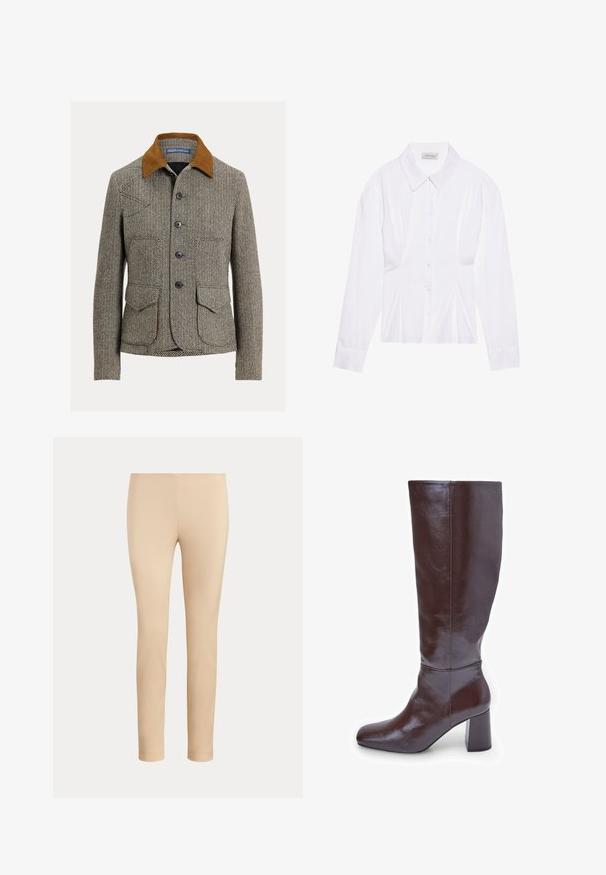 Chaqueta marrón de espiga con cuello de pana, que cuenta con cierre de botones, dos bolsillos delanteros y un diseño de corte clásico.; Blusa blanca de manga larga con cuello clásico, cierre frontal de botones y detalle fruncido en los laterales. Tejido suave con una forma entallada.; Pantalones beige ajustados hasta el tobillo con un acabado liso y sin bolsillos visibles ni adornos sobre un fondo liso.; Botas de cuero marrón hasta la rodilla con puntera cuadrada y un tacón grueso. El acabado es brillante, resaltando la textura suave y las líneas de diseño.