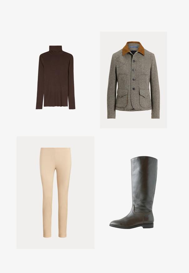 Brun fiskebenjakke med et fløjlsagtigt krave, der har lukning med knapper, to forlommer og et klassisk snit.; Brun langærmet turtleneck-shirt med tætsiddende pasform, glat tekstur og uden synlige mønstre eller pynt.; Beige slim-fit ankellange bukser med en glat finish og uden synlige lommer eller pynt på en ensfarvet baggrund.; Høj brun læderstøvle med lav hæl, rundet tå og enkelt syning langs anklen og sålens kanter.