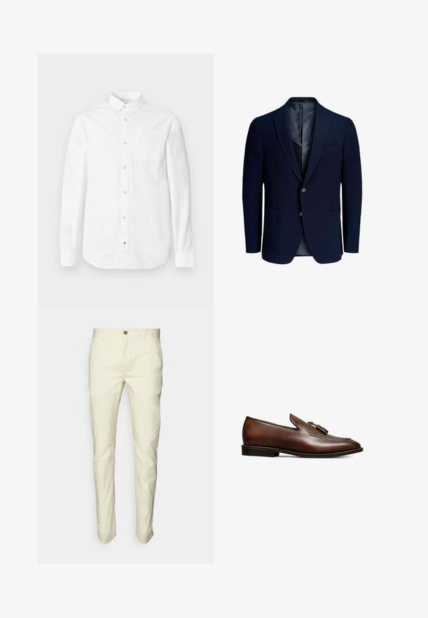 Marineblauwe herenblazer met twee knopen, notch-revers, twee voorzakken, borstzak en gestreepte binnenvoering, getoond op witte achtergrond.; Witte blouse met lange mouwen van katoen. Voorzien van een button-down kraag, voorzak en subtiele textuur. Rechte zoom met knoopsluitingen.; Lichtbeige chinos met een rechte pasvorm, gemaakt van katoen, voorzien van een knoopsluiting en voorzakken. Gladde textuur, minimale details.; Bruine leren instappers met een gladde afwerking, voorzien van een opvallende kwastdetail, een lichte hak en contrasterende stiksels langs de randen.