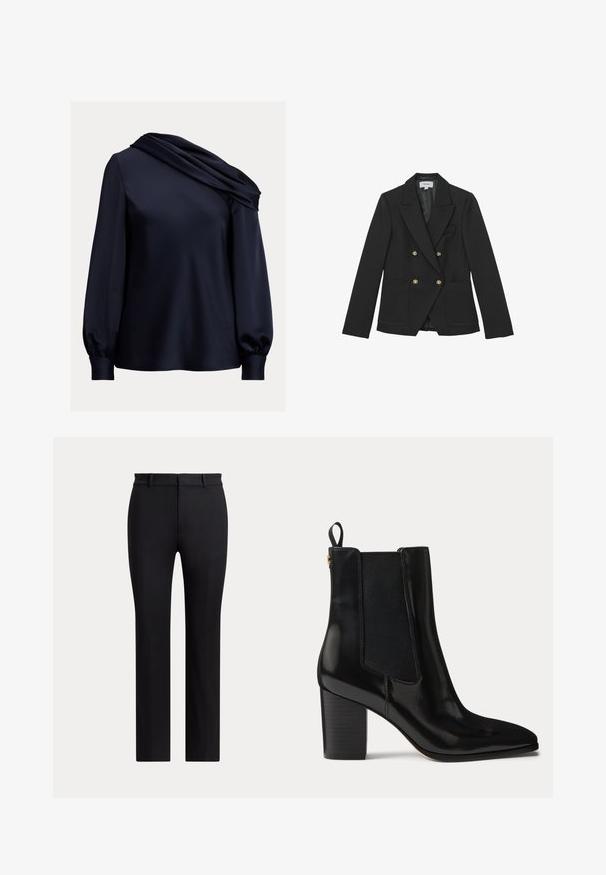Blazer negro cruzado de tejido texturizado, con botones dorados, dos bolsillos frontales y solapa con muesca.; Blusa azul marino con un escote drapeado asimétrico, mangas largas y abullonadas, material de satén suave y un dobladillo ajustado.; Pantalones negros de corte recto a medida con pasadores para cinturón y cierre frontal, mostrados sobre un fondo claro y liso.; Botín de cuero negro con tacón bloque, paneles laterales elásticos, lengüeta en el talón y punta afilada.