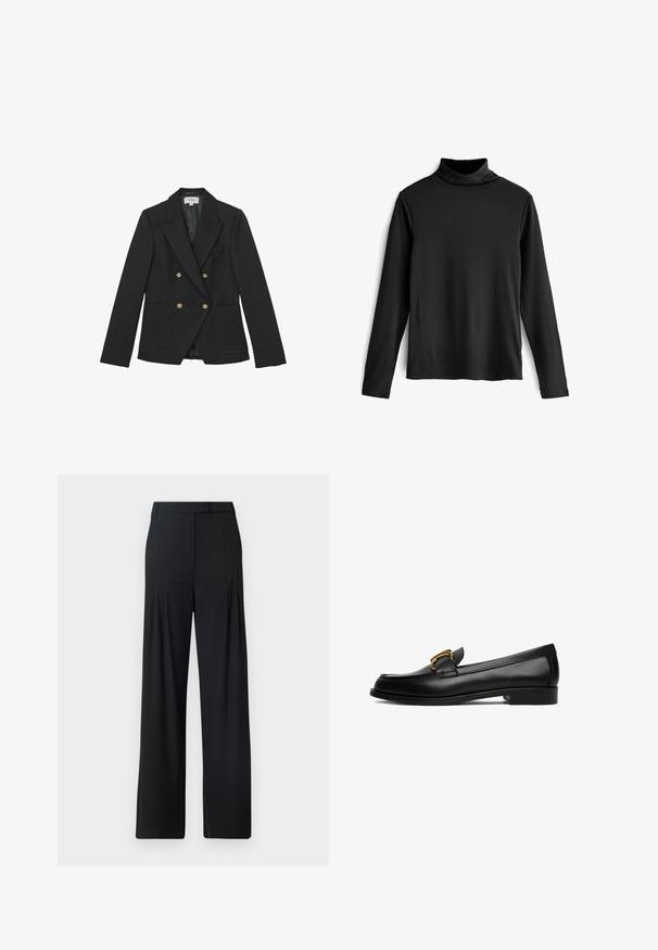Blazer negro cruzado de tejido texturizado, con botones dorados, dos bolsillos frontales y solapa con muesca.; Top negro de manga larga y cuello alto con textura de canalé y un diseño ajustado. Presenta un cuello alto y un dobladillo recto. Sin patrones ni herrajes.; Pantalones de pierna ancha negros con frente plano, pliegues y cinturilla ajustada. Fabricados con una tela suave y ligera.; Mocasín de cuero negro con tacón bajo y detalle de hebilla metálica dorada en el lateral superior.