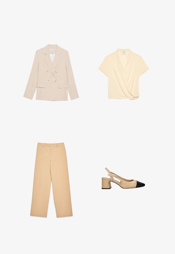 Beige dubbelzijdig blazer gemaakt van een gladde stof, voorzien van twee voorkruiszakken, grote gouden knopen en een klassiek reversontwerp.; Crèmekleurige blouse met korte mouwen, wikkelstijl vooraan en subtiel geplooid detail, met V-hals en lichtgewicht stof.; Beige wijde broek van gladde stof, met een middelmatige taille, riemlussen en plooien aan de voorkant voor een zakelijke uitstraling.; Beige slingback hak met een zwarte lakleder teenkap, vierkante blokhak en een verstelbare band met gesp. Gladde textuur overal.