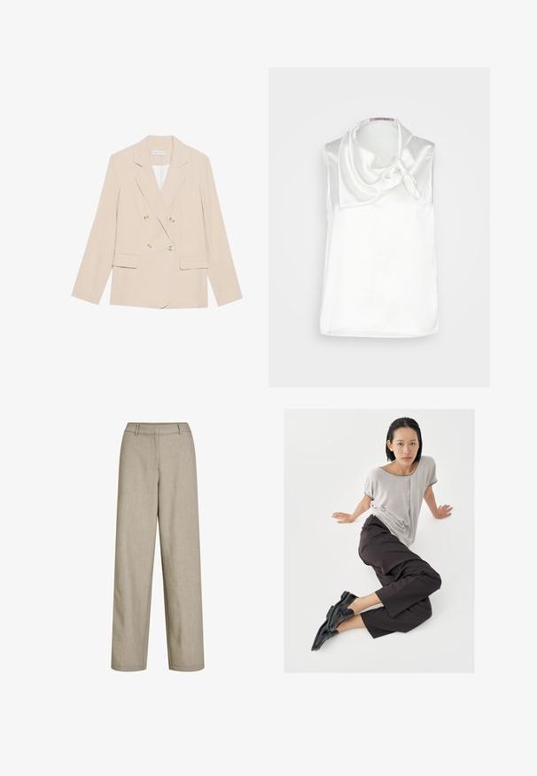 Beige Doppelreiher-Blazer aus glattem Stoff, ausgestattet mit zwei vorderen Taschen, großen goldenen Knöpfen und einem klassischen Reversdesign.; Anna Field Bluse - white; Beige Hose mit hoher Taille und weitem Bein mit Gürtelschlaufen und verdecktem vorderem Verschluss aus leichtem Stoff.; Hellgraues Kurzarmshirt, dunkle weite Hosen und schwarze Loafers. Glatter Stoff, entspannte Passform und kontrastierende Einfassung am Hemd.