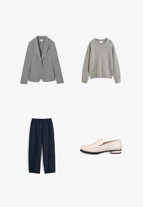 Hellgrauer, maßgeschneiderter Damenblazer mit Notch-Revers, Ein-Knopf-Verschluss und zwei vorderen Leistentaschen.; Hellgrauer Pullover mit langen Ärmeln und Rundhalsausschnitt, mit gerippten Bündchen und Saum, aus weichem Strickstoff gefertigt, mit einem kleinen Markenlabel innen am Kragen.; Marineblaue Hose aus glattem Stoff, mit elastischem Bund, zwei Seitentaschen und einem entspannten Schnitt mit geraden Beinen.; Beige Lederloafers mit einer runden Spitze, minimaler Naht und einem niedrigen schwarzen Absatz. Glatte Textur mit glänzendem Finish.