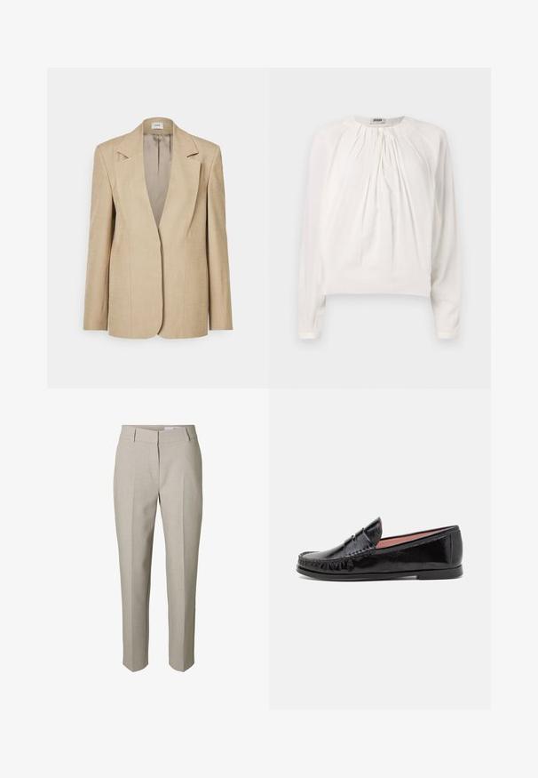 Beige linned blazer med oversized klapslag, en enkelt knaplukning og let strukturerede skuldre. Glat tekstur med skræddersyet pasform.; Hvid langærmet bluse med rund halsudskæring og plisseret front. Blødt, glat stof med afslappet pasform og knapdetalje ved kraven.; Beige skræddersyede bukser med bæltestropper, lynlås foran og pressede læg ned langs benene, vist mod en hvid baggrund.; Sorte laklæder loafer-sko med rund tå, dekorativ syning på overdelen og en lav, flad gummisål.