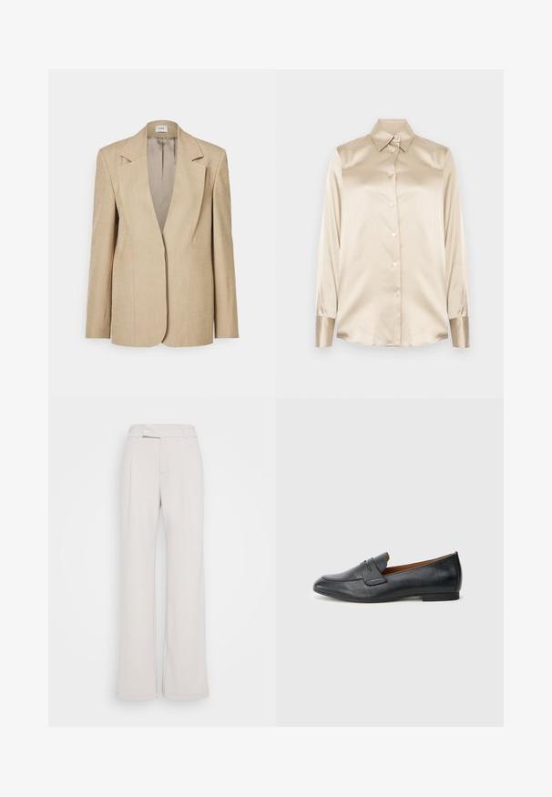 Beige Leinenblazer mit übergroßen Revers, einem einzelnen Knopfverschluss und leicht strukturierten Schultern. Glatte Textur mit maßgeschneiderter Passform.; Beige Satinhemd mit spitzem Kragen, langen Ärmeln, Knopfverschluss und Manschetten in einem etwas glänzenderen Finish. Keine Muster oder Akzente.; Weite Hosen aus hellbeige Stoff mit einem enganliegenden Bund, vorderen Falten und einer glatten Textur. Lässiges Design, ohne sichtbare Muster oder Beschläge.; Schwarzer Lederloafer mit abgerundetem Zehenbereich, dezenten Ziernähten und flachem Absatz. Glatte Textur mit schlichter Silhouette.