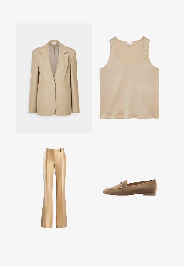 Beige Leinenblazer mit übergroßen Revers, einem einzelnen Knopfverschluss und leicht strukturierten Schultern. Glatte Textur mit maßgeschneiderter Passform.; Reiss REGULAR FIT - Bluse - neutral; Beige Satin-Glitzerhose mit glatter Textur, ausgestattet mit einem Reißverschluss vorne und einem einzelnen Knopfverschluss. Zwei Seitentaschen und Faltendetails.; Helle Wildlederloafer mit einer zulaufenden Form, ausgestattet mit einem kleinen silberfarbenen Designelement und einem flachen Absatz. Angenehme, glatte Textur mit minimaler Näherei.