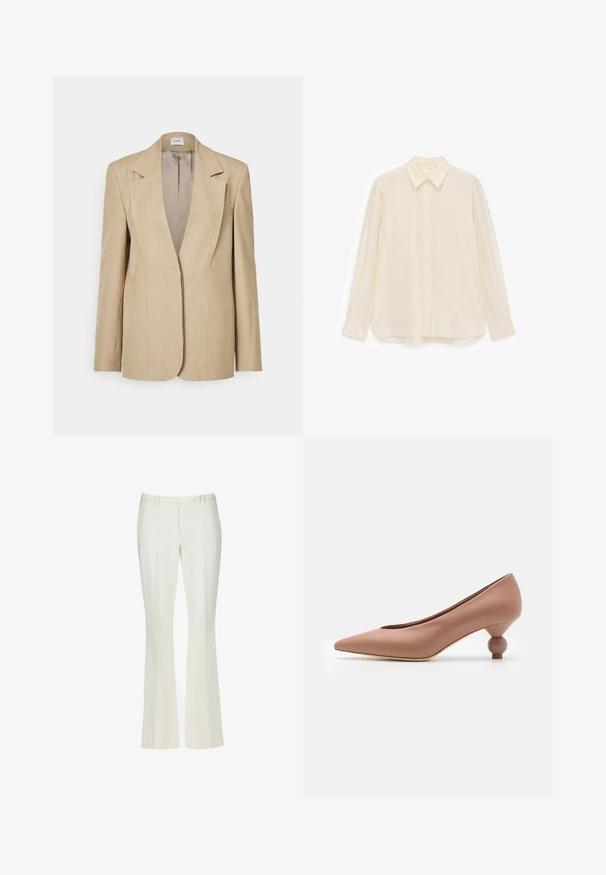 Blazer de lino beige con solapas oversize, cierre de un solo botón y hombros ligeramente estructurados. Textura suave con un ajuste entallado.; Camisa de color crema con botones, confeccionada en tela suave, que cuenta con cuello, mangas largas y un dobladillo ligeramente curvado.; Pantalones acampanados blancos en una tela suave. Presenta dos bolsillos frontales y un cierre de botón en la parte delantera, con un sutil detalle de pliegues.; Weekend Max Mara RENZA - Tacones - nudo