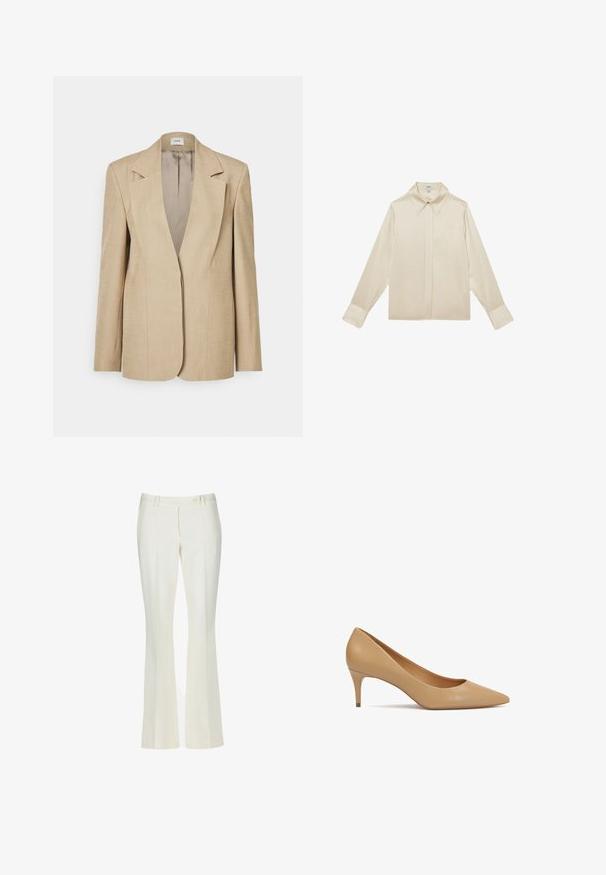 Blazer de lino beige con solapas oversize, cierre de un solo botón y hombros ligeramente estructurados. Textura suave con un ajuste entallado.; Blusa de seda color crema con mangas largas, cuello puntiagudo y botones delanteros ocultos, colocada plana sobre un fondo blanco.; Pantalones acampanados blancos en una tela suave. Presenta dos bolsillos frontales y un cierre de botón en la parte delantera, con un sutil detalle de pliegues.; Zapato de salón de cuero beige con tacón alto de 5 cm, punta puntiaguda y tacón delgado; textura suave y diseño minimalista sin adornos.