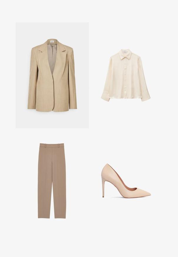 Blazer de lino beige con solapas oversize, cierre de un solo botón y hombros ligeramente estructurados. Textura suave con un ajuste entallado.; Blusa de seda color crema de manga larga, con cuello en punta y cierre de botones en la parte delantera, mostrada sobre un fondo blanco liso. Sin patrones ni diseños visibles.; Pantalones beiges de diseño a medida con pernera recta, que presentan un frente plisado, trabillas para cinturón y detalles de costura sutiles. Tela suave y ligera.; Zapato de tacón alto de cuero beige con punta afilada y textura suave. Presenta un tacón de aguja delgado y un diseño de escote bajo.