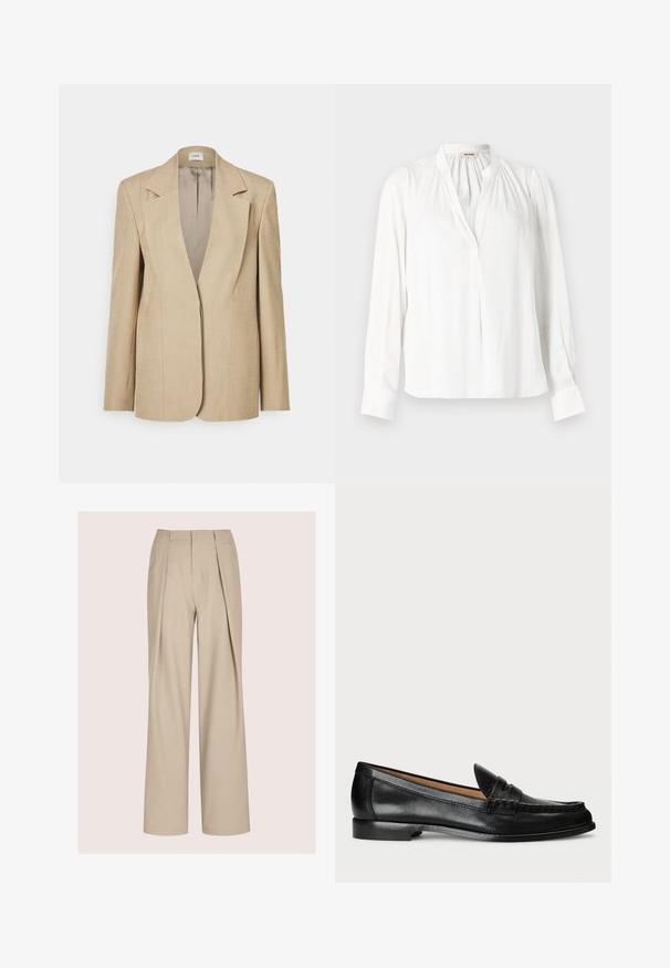 Beige linnen blazer met oversized revers, een enkele knoopsluiting en licht gestructureerde schouders. Gladde textuur met een getailleerde pasvorm.; Witte blouse met lange mouwen, een opstaande kraag, geplooide plooien bij de halslijn en een verborgen knoopsluiting aan de voorkant.; Beige op maat gemaakte broek met een wijde pijp, voorzien van dubbele plooien aan de voorkant, een gladde textuur en een gestructureerde tailleband.; Lauren Ralph Lauren WYNNIE - Instappers - black