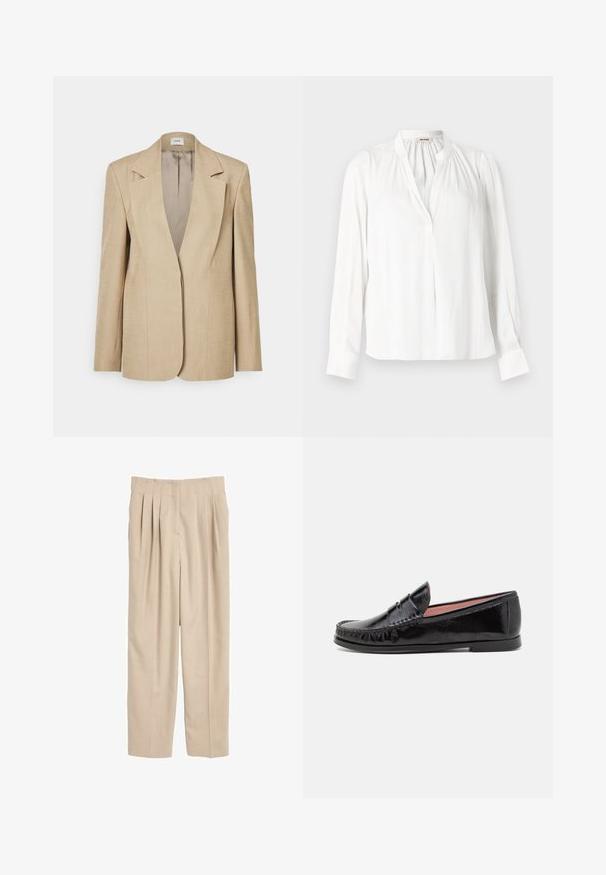 Beige linned blazer med oversized klapslag, en enkelt knaplukning og let strukturerede skuldre. Glat tekstur med skræddersyet pasform.; Hvid langærmet bluse med opretstående krave, samlet plissering nær halsudskæringen og skjult knappelukning foran.; Beige plisserede bukser med en skræddersyet pasform, lavet af et glat stof, der har et klassisk taljebånd og lige ben.; Sorte laklæder loafer-sko med rund tå, dekorativ syning på overdelen og en lav, flad gummisål.