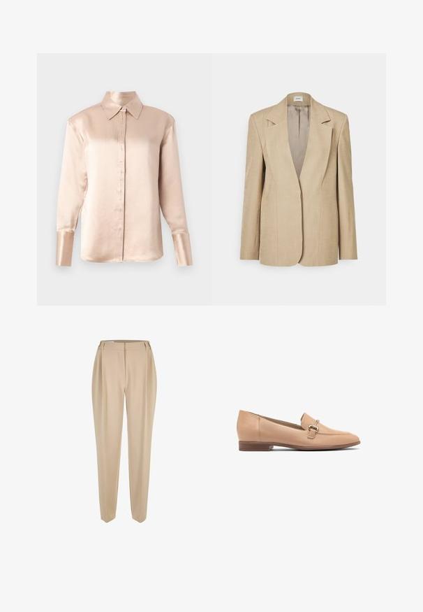 Blazer en lin beige avec des revers oversized, une fermeture à un bouton et des épaules légèrement structurées. Texture lisse avec une coupe ajustée.; Blouse en satin beige doux avec un col classique, des manches longues, un devant boutonné et une coupe légèrement oversize. Texture lisse, détails minimalistes.; Pantalons beiges ajustés à jambe droite avec passants de ceinture, zip frontal et poches latérales, présentés sur un fond blanc.; Mocassins en cuir beige avec un petit talon, présentant un design cousu et un petit accent en métal argenté sur le dessus. Texture lisse.