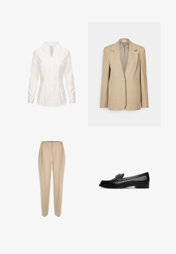 Blazer en lin beige avec des revers oversized, une fermeture à un bouton et des épaules légèrement structurées. Texture lisse avec une coupe ajustée.; Blouse blanche en coton, avec un col mandarin, des manches longues, une fermeture à boutons sur le devant et une coupe cintrée. Texture lisse et design épuré.; Pantalons beiges ajustés à jambe droite avec passants de ceinture, zip frontal et poches latérales, présentés sur un fond blanc.; Mocassin en cuir noir avec talon bas et détail de boucle en métal doré sur le côté supérieur.