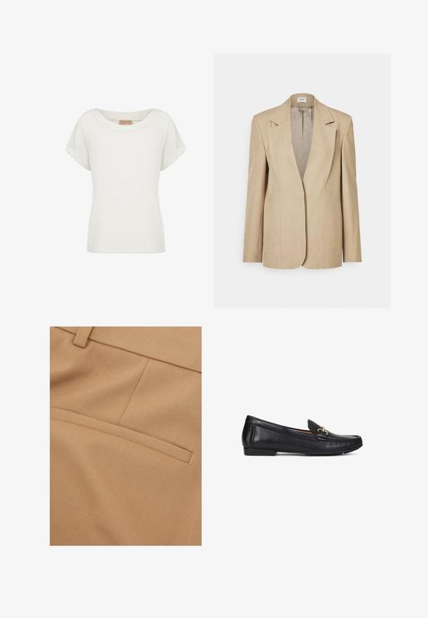 Beige linned blazer med oversized klapslag, en enkelt knaplukning og let strukturerede skuldre. Glat tekstur med skræddersyet pasform.; Hvid kortærmet dametop med rund halsudskæring og en lille beige label indeni kraven.; Nærbillede af beige stof med en vandret paspoleret lomme og syede sømdetaljer på skræddersyet tøj.; Sort læderloafer med guldfarvet metalbeslag, lav hæl og syninger i moc-toe-design, vist i profil mod hvid baggrund.