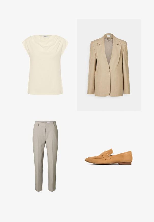 Blazer en lin beige avec des revers oversized, une fermeture à un bouton et des épaules légèrement structurées. Texture lisse avec une coupe ajustée.; Haut crème avec une coupe ample, manches courtes roulées et décolleté drapé. Tissu doux et lisse avec un éclat subtil.; Pantalon beige sur mesure avec passants pour ceinture, fermeture éclair avant et plis marqués sur les jambes, présenté sur fond blanc.; Mocassins en cuir suédé tan avec un talon plat, un bout arrondi et une sangle cousue sur le devant pour une finition raffinée.