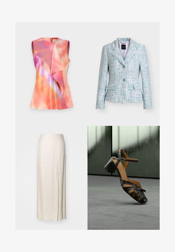 Dame skræddersyet tweed blazer med grøn og hvid tekstureret mønster, notch revers, to dekorative knapper og lommer med klap foran.; Ærmeløs top i satinmateriale, der præsenterer et farverigt abstrakt mønster med nuancer af pink, orange og violet, samt en draperet frontdesign.; Cremefarvet, lang satin nederdel med en sideslids og en glat, skinnende tekstur. Har en tætsiddende talje og en flagrende form.; Sort læder sandal med hæl, ankelrem, spænde og knyttede frontstropper placeret på gråt gulv mod sløret baggrund.