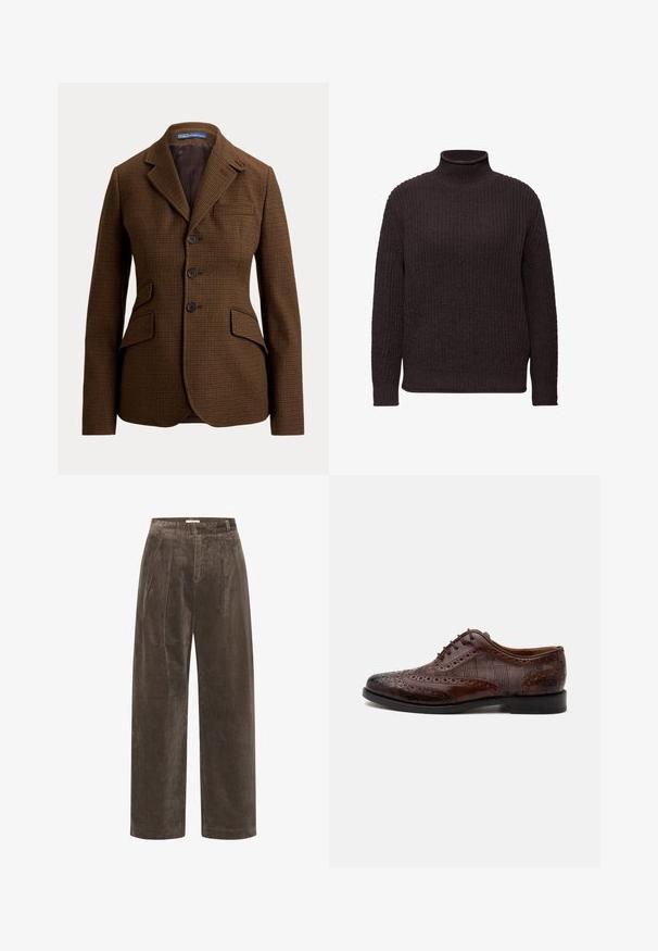 Brun blazer med hundetandsmønster med hakklap, tre forreste knapper, to klaplommer og en brystlomme, fra Polo Ralph Lauren.; Mørkebrun strikket turtleneck sweater med et struktureret mønster, lange ærmer og ribbede manchetter og kant for et tætsiddende look.; Brune corduroy brede benbukser med folder, der har en blød tekstur og en mellemhøj talje. Kantafslutningerne er rene og lige.; Brun læder herre wingtip selskabssko med brogue-detaljer og ternede stofsider, vist fra siden på en hvid baggrund.