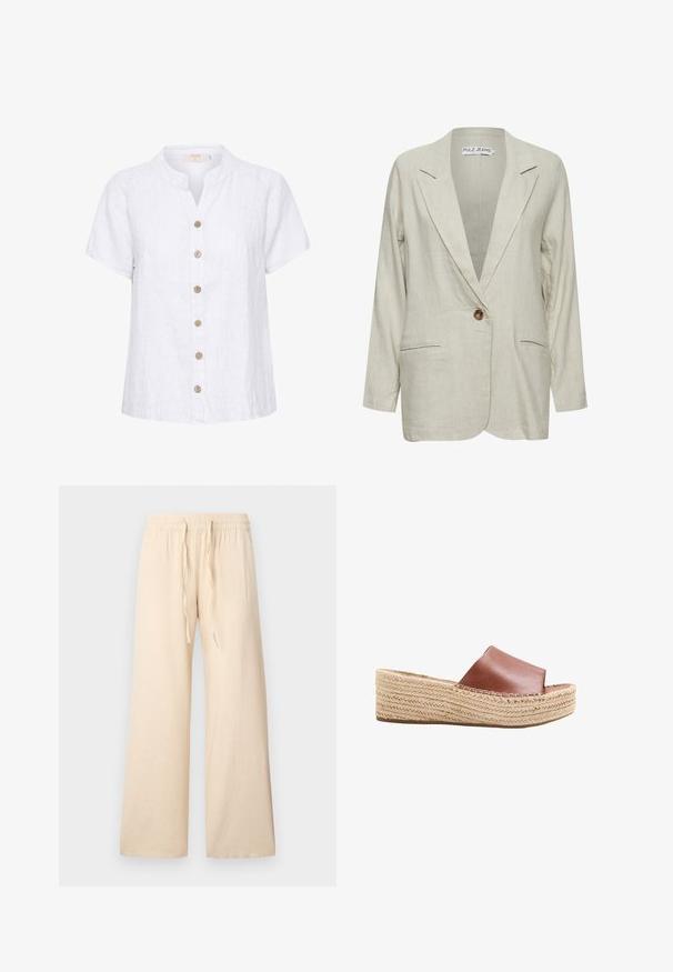 Lichtbeige linnen blazer met een enkele bruine knoop, ingeklapte revers en twee zijzakken. Beschikt over een ontspannen pasvorm en licht gestructureerde stof.; Witte linnen shirt met een korte, ronde kraag, voorzien van een knoopsluiting met houten knopen en verticale stikdetails.; Beige broek met wijde pijpen gemaakt van zacht materiaal, met een elastische taille en een trekkoord zonder zichtbare patronen of accenten.; Bruine leren slidesandaal met gevlochten jute plateauzool en open teen, ontworpen voor casual zomerse kleding.