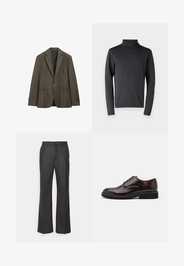 Bruine en zwarte kleine geruite blazer met twee voorzakken en een enkele knoopsluiting, getoond op een witte achtergrond.; Donkergrijze coltrui van zacht materiaal, met lange mouwen en ribgebreide boorden en zoom, voorzien van een gladde, gelijkmatige textuur.; forét Broek - dark grey; Bruine leren Oxford schoen met een glanzende afwerking, ronde neus, vetersluiting en een stevige zwarte rubberen zool. Naaddetails op de bovenkant.