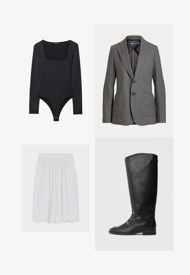 Sivý prešívaný blazer s klopami, dvoma prednými vreckami, dvojitým zapínaním na gombíky a označením vnútorného goliera.; Čierny dlhý rukávový body s hranatým výstrihom, hladkou látkou a patentkami na spodnej strane. Priliehavý strih s rukávmi poskytujúcimi plné zakrytie.; Biela zhrasená midi sukňa s elastickým pásom a mierne zaobleným lemom, zobrazená na jednoduchom pozadí.; Čierne kožené vysoké čižmy s hladkým povrchom, okrúhlou špičkou, bočným kovovým akcentom a nízkym blokovým podpätkom. Jednoduchý, elegantný dizajn.