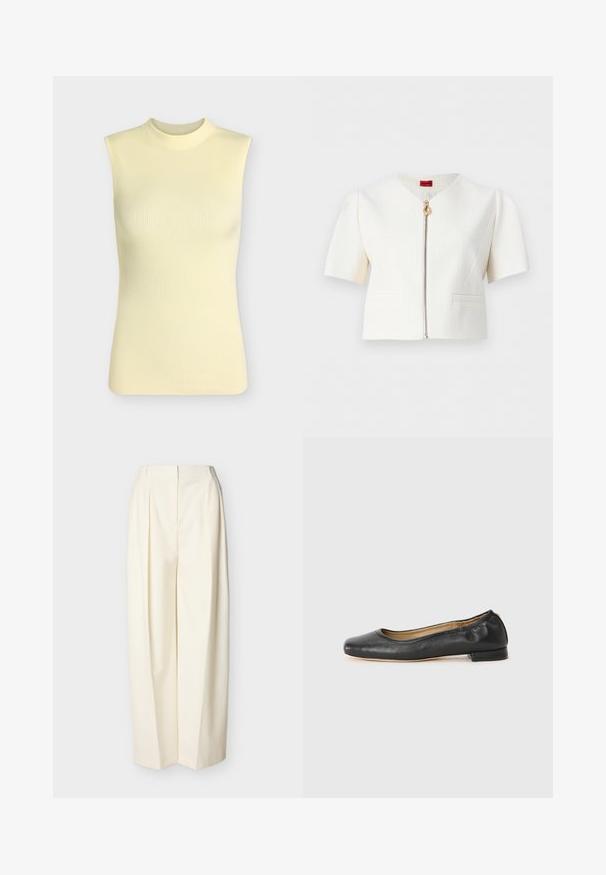 Veste blanche à manches courtes en tissu texturé, fermeture éclair frontale avec tirette anneau doré, et deux poches passepoilées devant.; Top sans manches en maille côtelée jaune pâle avec un col rond montant, silhouette ajustée et tissu doux texturé.; Pantalon crème à taille haute et jambes larges avec plis devant, fermeture éclair avant dissimulée et passants pour ceinture.; Ballerines en cuir noir avec un bout arrondi et des coutures minimales. Talon bas et rectangulaire avec une texture lisse. Détails subtils de doublure intérieure.