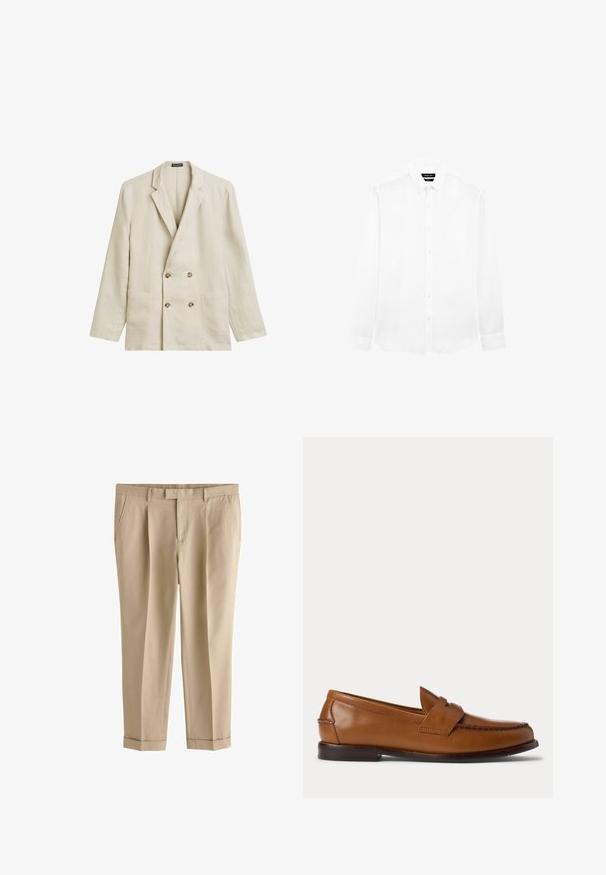 Beige Doppelreiher-Blazer aus strukturiertem Leinen. Verfügt über zwei Vordertaschen und hellbraune Knöpfe. Schlichte Einreiher-Revers.; Langärmliges weißes Hemd mit Button-Down-Kragen und vorderen Knöpfen, flach auf weißem Hintergrund dargestellt.; Beige maßgeschneiderte Hose mit Seitentaschen, Gürtelschlaufen, vorderem Reißverschluss und umgeschlagenen Bündchen, entworfen für eine schlanke, formelle Passform.; Brauner Leder-Penny-Loafer mit niedrigem Absatz und gesteppten Details an Vorder- und Seitenpartien, seitlich auf weißem Hintergrund dargestellt.