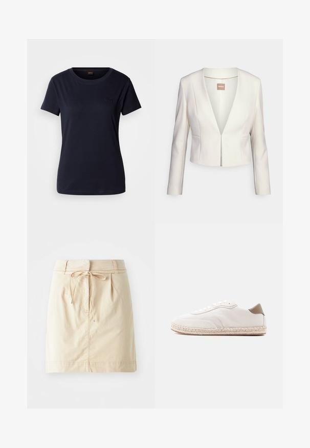 Blazer corto blanco con mangas largas, diseño de escote en V, cerradura frontal y tejido liso y estructurado. La etiqueta muestra el logotipo "BOSS".; Camiseta de manga corta de color azul marino, hecha de algodón, con cuello redondo y un pequeño logo bordado en el pecho. Textura suave.; Falda caqui hecha de tejido ligero con una cinturilla ajustada, detalle de cordón, pliegues y costuras sutiles. Textura suave.; Zapatilla blanca con parte superior de ante, acentos beige y suela de yute tejido. Cuenta con cordones planos y un logo lateral de la marca.