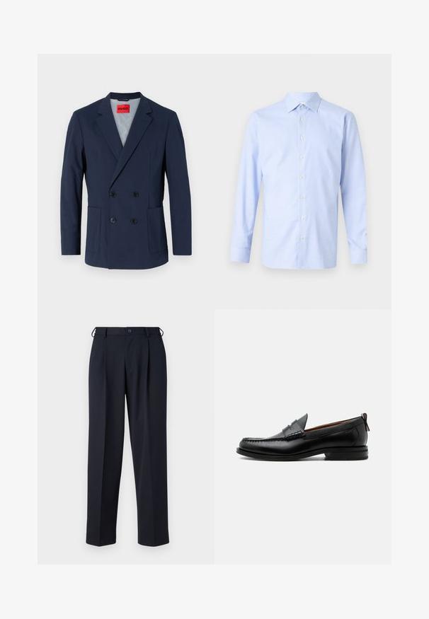 Marineblaues, doppelt geknöpftes Blazer mit spitzem Revers, zwei vorderen Taschen und schwarzen Knöpfen. Das Innenfutter ist hellblau.; Hellsblaues Langarmhemd mit kariertem Muster, Knopfleiste, spitzen Kragen und subtiler Textur. Taillierte Passform mit geknöpften Manschetten.; Marineblaue, maßgeschneiderte Hose mit Knopf- und Reißverschluss vorne, Gürtelschlaufen und Seitentaschen, gezeigt auf weißem Hintergrund.; Schwarzer Leder-Herrenschuh mit Mokassinnaht, Penny-Riemen, strukturiertem Kragen und niedrigem gestapeltem Absatz auf weißem Hintergrund.