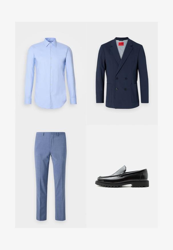 Blazer azul marino de doble botonadura con solapa muesca, dos bolsillos frontales y botones negros. El interior presenta un forro de azul claro.; Camisa de manga larga azul claro hecha de algodón, con un frente de botones, cuello y dobladillo redondeado. Textura suave sin patrones.; Pantalones de vestir azul claro, corte ajustado, tejido texturizado, parte frontal plana, bolsillos laterales inclinados y una cintura suave con pasadores para cinturón.; Mocasín de cuero negro con suela de goma gruesa, empeine cosido y nombre de la marca en relieve en el talón, mostrado en perfil lateral sobre fondo blanco.