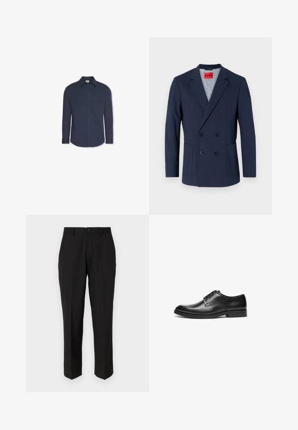 Blazer azul marino de doble botonadura con solapa muesca, dos bolsillos frontales y botones negros. El interior presenta un forro de azul claro.; Camisa azul marino de manga larga con botones, cuello y puños, con una etiqueta de Calvin Klein dentro del cuello.; Pantalones negros de tela suave, con un diseño de pierna recta, bolsillos delanteros, un cierre de botón y sin patrones visibles.; Zapato de vestir de cuero negro con punta afilada, textura suave, diseño de cordones y un tacón bajo y plano. Estilo minimalista y silueta elegante.