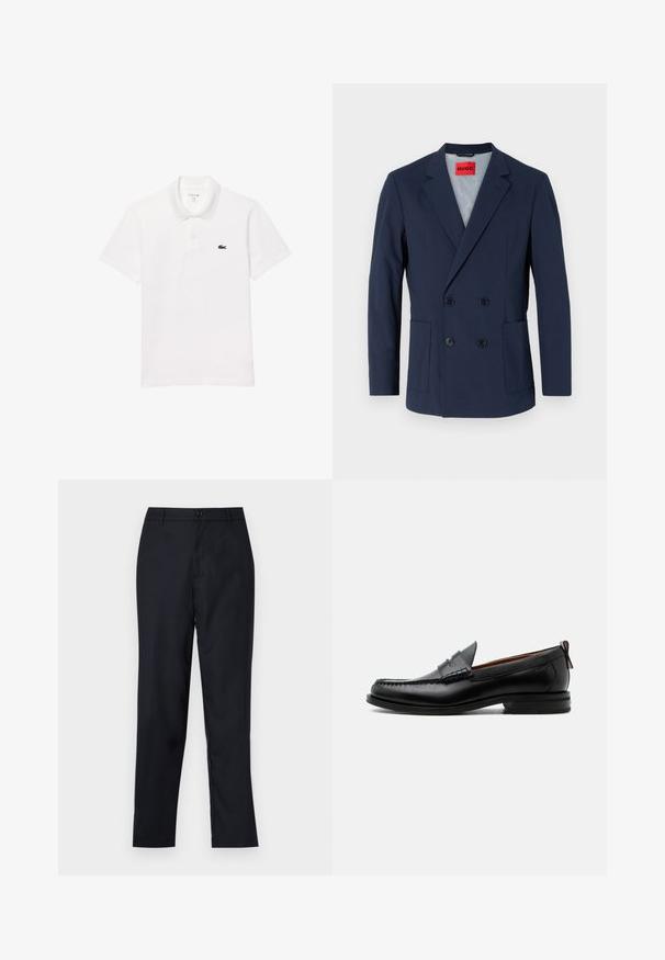 Marineblaues, doppelt geknöpftes Blazer mit spitzem Revers, zwei vorderen Taschen und schwarzen Knöpfen. Das Innenfutter ist hellblau.; Weißes Polohemd aus Baumwolle mit klassischem Kragen, kurzen Ärmeln und einem kleinen Logo in Marineblau auf der linken Brust.; Marineblaue Hose aus glattem Stoff, mit geradem Beinschnitt, einem einzigen Knopfverschluss und dezenten vorderen Falten.; Schwarzer Leder-Herrenschuh mit Mokassinnaht, Penny-Riemen, strukturiertem Kragen und niedrigem gestapeltem Absatz auf weißem Hintergrund.