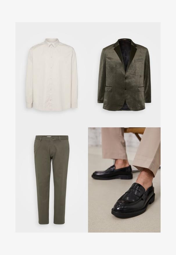 Blazer en velours vert olive avec des revers crantés, deux poches avant et une fermeture à un bouton. Tissu lisse et doublure en satin.; Chemise à manches longues en coton beige clair. Dotée d'un col classique, d'une fermeture à boutons sur toute la longueur et de poignets à boutons. Texture lisse.; Pantalon vert olive en tissu mélangé coton. Design à jambe droite avec une taille plate, fermeture à bouton et passants de ceinture. Texture lisse.; Mocassins en cuir noir avec une finition lisse, ornés d'une sangle décorative et de coutures contrastées, associés à un pantalon beige.