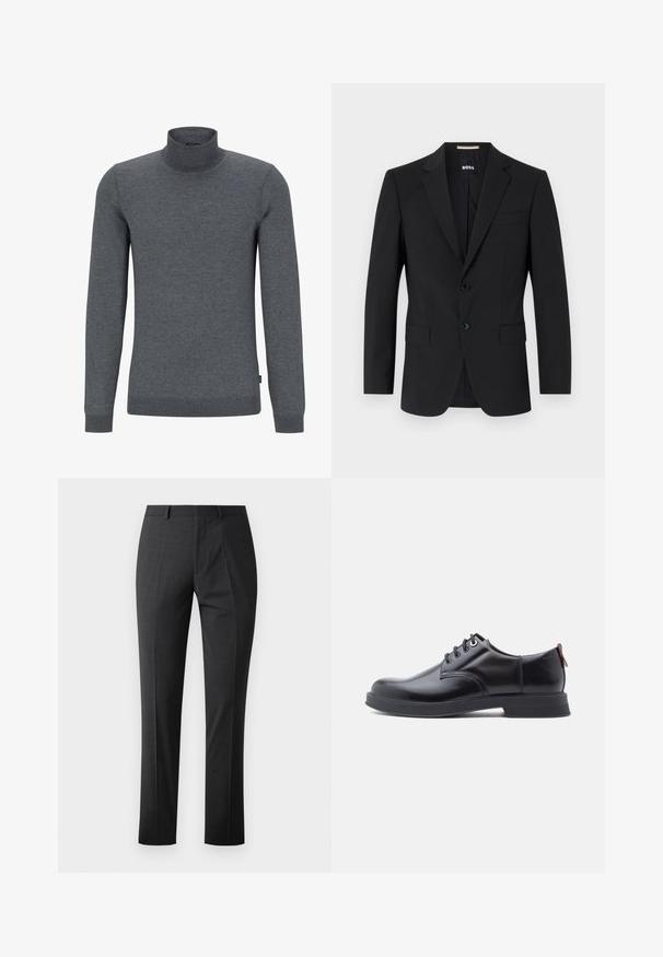 Sort blazer med en skrædderagtig design, to knapper og slagkraver. Inkluderer en enkelt brystlomme og to frontlommer.; Grå turtleneck sweater lavet af blødt strikstof. Har lange ærmer, en ribbet krave og en almindelig pasform med en glat tekstur.; Skræddersyede mørkegrå bukser med en glat tekstur, slim fit, flad front og standard talje. Har pressede folder og ingen synlige mønstre.; Sorte snørestøvler i læder med glat tekstur, rundet tå og diskrete syningsdetaljer. Har en rød trækflig på hælen.