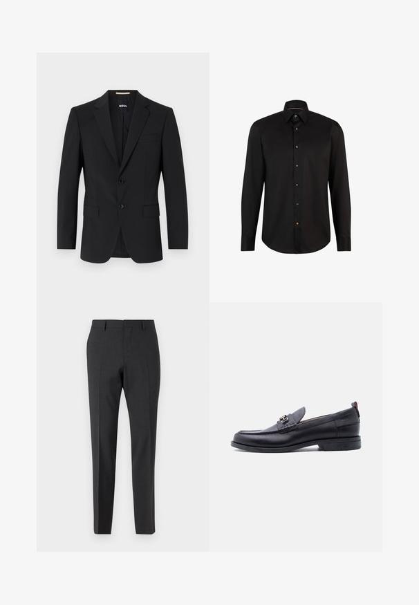 Blazer negro con un diseño ajustado, dos botones y solapas de pico. Incluye un bolsillo en el pecho y dos bolsillos frontales.; Camisa negra de manga larga hecha de tela suave, con una parte delantera abotonada que presenta botones en contraste y un diseño de cuello clásico.; Pantalones tailored en gris oscuro con una textura suave, de corte ajustado, frente plano y pasadores para cinturón, diseñados para atuendos formales o de negocios.; Mocasín de cuero negro con empeine gris texturizado, detalle de hebilla metálica plateada, tacón bajo y lengüeta para tirar en la parte trasera.