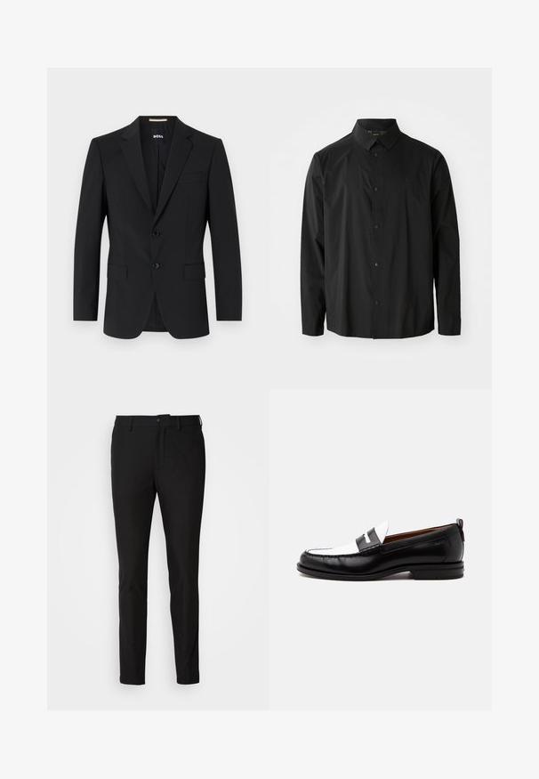Sort blazer med en skrædderagtig design, to knapper og slagkraver. Inkluderer en enkelt brystlomme og to frontlommer.; Sort langærmet skjorte lavet af letvægtsstof. Har en knaplukning foran, spids krave og et diskret brandlogo på brystet.; Sorte bukser med slim fit, der har en knaplukning, lynlås og to forlommer. Glat stof med mat overflade.; Sort-hvid læderloafer med syning, lav hæl og slip-on design, vist fra siden på en ensfarvet baggrund.