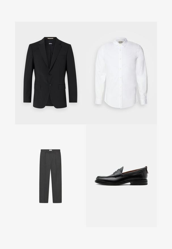 Blazer negro con un diseño ajustado, dos botones y solapas de pico. Incluye un bolsillo en el pecho y dos bolsillos frontales.; Camisa blanca de botón hecha de algodón con cuello clásico, mangas largas y bordado sutil en el lado izquierdo del pecho. Presenta botones beige.; Pantalones grises a medida con un sutil patrón de cuadro, tejido texturizado y pliegues delanteros, presentando una cinturilla con pasadores para cinturón.; Mocasín de hombre de piel negra con costura moc toe, tira penny, cuello texturizado y tacón bajo apilado sobre fondo blanco.
