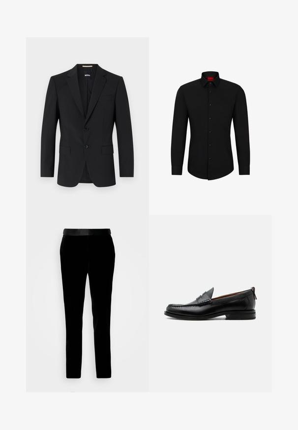 Zwarte blazer met een tailor-made ontwerp, twee knopen en inkepingen bij de revers. Bevat een enkele borstzak en twee voorzakken.; Zwarte blouse met lange mouwen, knoopsluiting aan de voorkant, klassieke kraag en ronde onderkant; voorzien van zwarte knopen en een rood logo binnenin de kraag.; Zwarte fluwelen broek met een getailleerde pasvorm, gladde textuur en een bijpassende tailleband. Heeft rechte pijpen en zijzakken.; Zwarte leren herensloffen met moc toe stiksel, pennyriem, gestructureerde kraag en lage gestapelde hak op witte achtergrond.