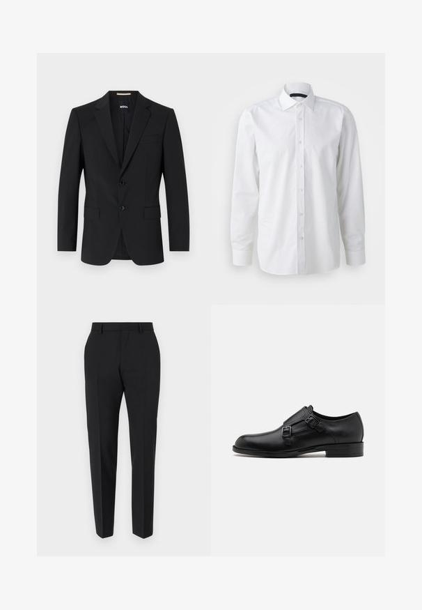 Zwarte blazer met een tailor-made ontwerp, twee knopen en inkepingen bij de revers. Bevat een enkele borstzak en twee voorzakken.; Wit langemouwen overhemd van katoen. Voorzien van een klassieke kraag, knoopsluiting aan de voorkant en een gladde textuur met een subtiele glans.; Zwarte broek met een maatwerkontwerp, met een vlakke voorkant, plooidetails en een slanke pasvorm. Gemaakt van een gladde stof voor een verfijnde uitstraling.; Zwarte leren dresschoen met dubbele gespen, slank silhouet en ronde neus. Kenmerkt zich door een lage hak en een gladde textuur.