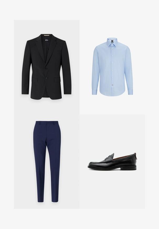 Blazer noir avec un design ajusté, deux boutons et des revers en pointe. Comprend une poche poitrine simple et deux poches avant.; Chemise à manches longues, de couleur bleu clair, avec un col classique, fabriquée à partir d'un tissu lisse. Présente des boutons blancs sur le devant et les poignets.; Pantalon ajusté bleu marine, avec une coupe slim, présentant une texture lisse, un devant plat et des jambes pliées. Pas de poches visibles ni d'embellissements.; Mocassin homme en cuir noir avec couture moc toe, bride penny, col texturé et petit talon empilé sur fond blanc.