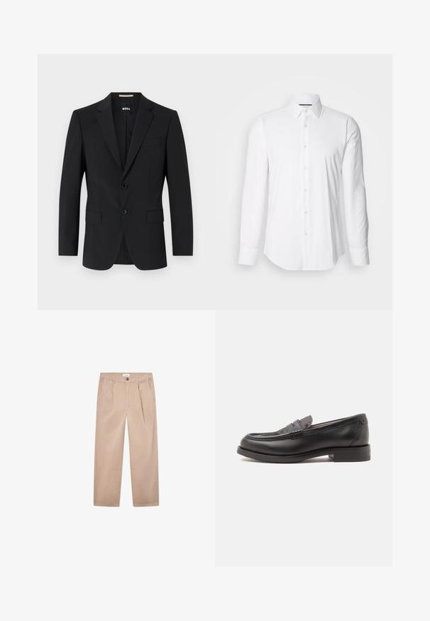 Sort blazer med en skrædderagtig design, to knapper og slagkraver. Inkluderer en enkelt brystlomme og to frontlommer.; Hvid langærmet skjorte lavet af glat stof, med klassisk krave og knap-front design samt en buet kant. Knapperne er diskret blanke.; Kakhi bukser lavet af bomuld med lige ben-design, der har to forlommer, en knaplukning og en klassisk pasform.; Sort læderloafer med lav hæl og tekstureret øverste del, vist fra siden på en ensfarvet lys baggrund.