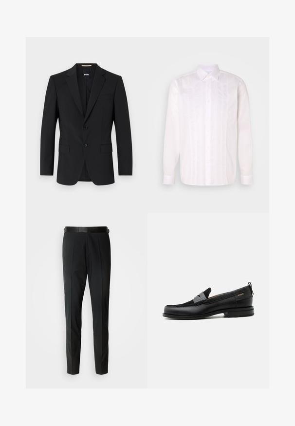 Blazer noir avec un design ajusté, deux boutons et des revers en pointe. Comprend une poche poitrine simple et deux poches avant.; Chemise blanche à manches longues avec un col classique, présentant des détails de pintucks verticaux et une fermeture à boutons sur le devant.; Pantalon noir sur mesure avec une texture lisse, doté d'un devant plat, de plis subtils et d'une fine ceinture noire.; Mocassin en cuir noir avec détail de bride grise, talon bas et semelle texturée, marqué "HUGO" en or sur le côté.