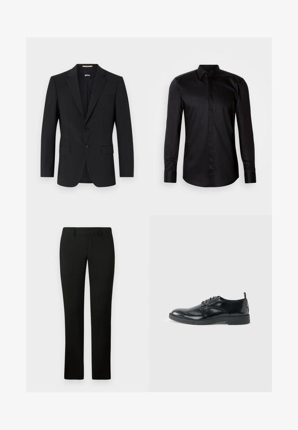 Blazer negro con un diseño ajustado, dos botones y solapas de pico. Incluye un bolsillo en el pecho y dos bolsillos frontales.; Camisa negra de manga larga con botones, confeccionada en tela suave. Cuenta con cuello clásico, abotonadura frontal y puños de contraste.; Pantalones negros con un corte a medida, que presentan una textura suave y un diseño de pierna recta. La cintura tiene pasadores para cinturón y un acabado limpio.; Zapato de vestir negro de cuero brillante con tacón bajo, cierre de cordones y puntera redonda, mostrado de lado sobre un fondo claro y liso.