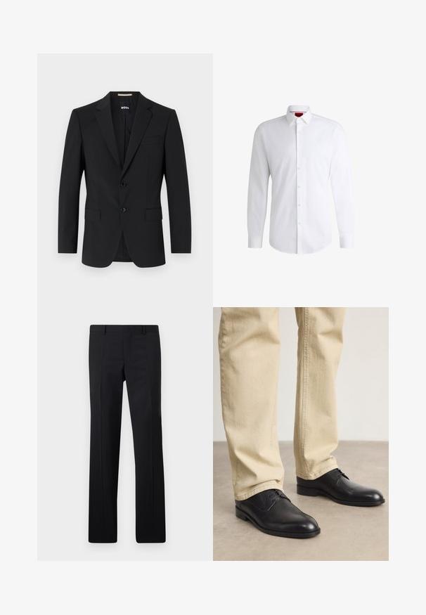 Schwarzer Blazer mit tailliertem Design, zwei Knöpfen und Reverskragen. Mit einer Brusttasche und zwei Fronttaschen.; Weißes Herrenhemd aus glattem Stoff mit klassischem Kragen, langen Ärmeln und abgerundetem Saum. Mit eleganten beigen Knöpfen an der Vorderseite.; Schwarze maßgeschneiderte Hose mit geradem Schnitt, scharfen Falten und glatter Oberfläche. Hergestellt aus leichtem Stoff mit einem sauberen Bund.; Schwarze Leder Schnürschuhe mit runder Zehenform, glatter Oberfläche und dezenten Nähdetails, getragen mit hellbeigen Hosen.