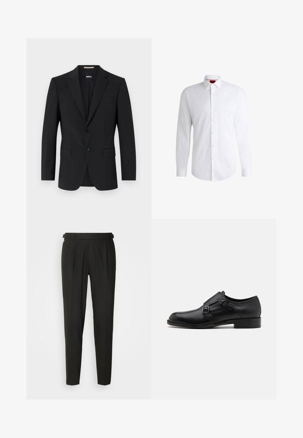 Schwarzer Blazer mit tailliertem Design, zwei Knöpfen und Reverskragen. Mit einer Brusttasche und zwei Fronttaschen.; Weißes Herrenhemd aus glattem Stoff mit klassischem Kragen, langen Ärmeln und abgerundetem Saum. Mit eleganten beigen Knöpfen an der Vorderseite.; Schwarze maßgeschneiderte Hose mit flacher Vorderseite, zwei Falten, Gürtelschlaufen und geradem Bein. Hergestellt aus glattem, leichtem Stoff.; Schwarze Leder- Schnürschuhe mit doppelten Schnallen, schlanker Silhouette und runder Zehenpartie. Sie verfügen über einen niedrigen Absatz und eine glatte Textur.